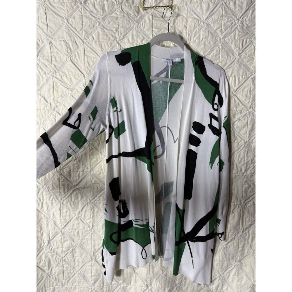 Chico's Open Front Long Sleeve Cardigan Sweater Abstract White Green Black 0